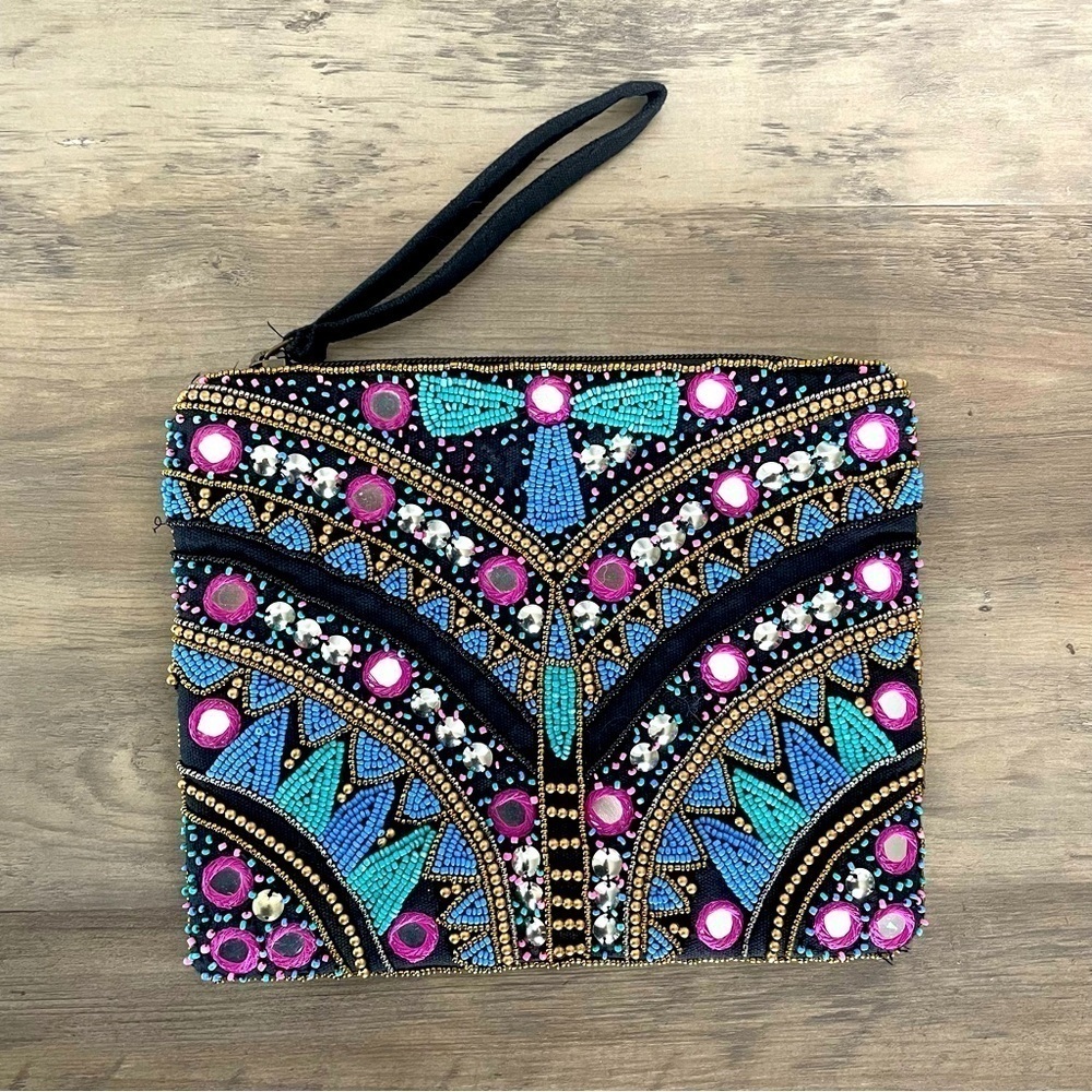 Clements Ribeiro Black Label Blue Beaded Clutch Wristlet